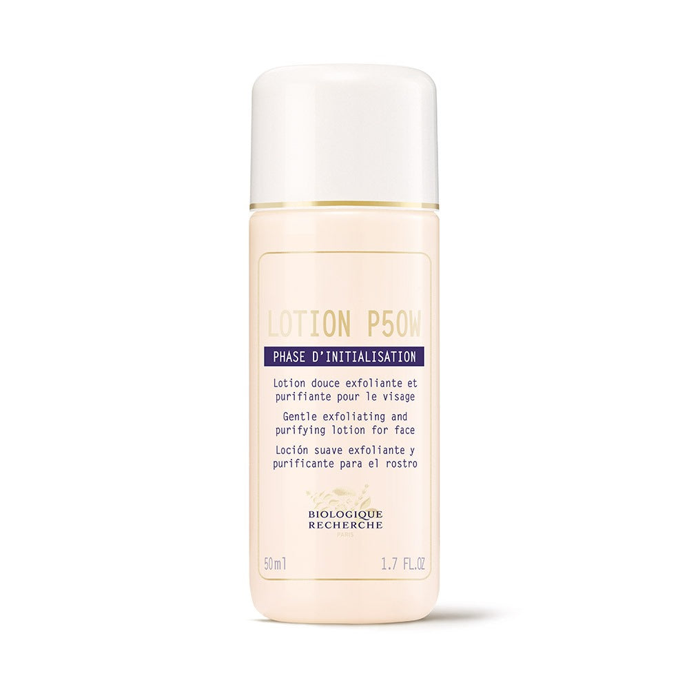 Dettaglio della bottiglia di Lotion P50W Biologique Recherche, trattamento viso esfoliante delicato